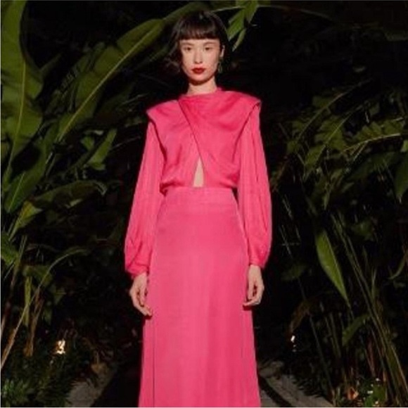 NEW! Farm Rio x Anthropologie Maxi/Midi Pink/ Long-Sleeve Cutout/Keyhole Satin - Picture 5 of 15